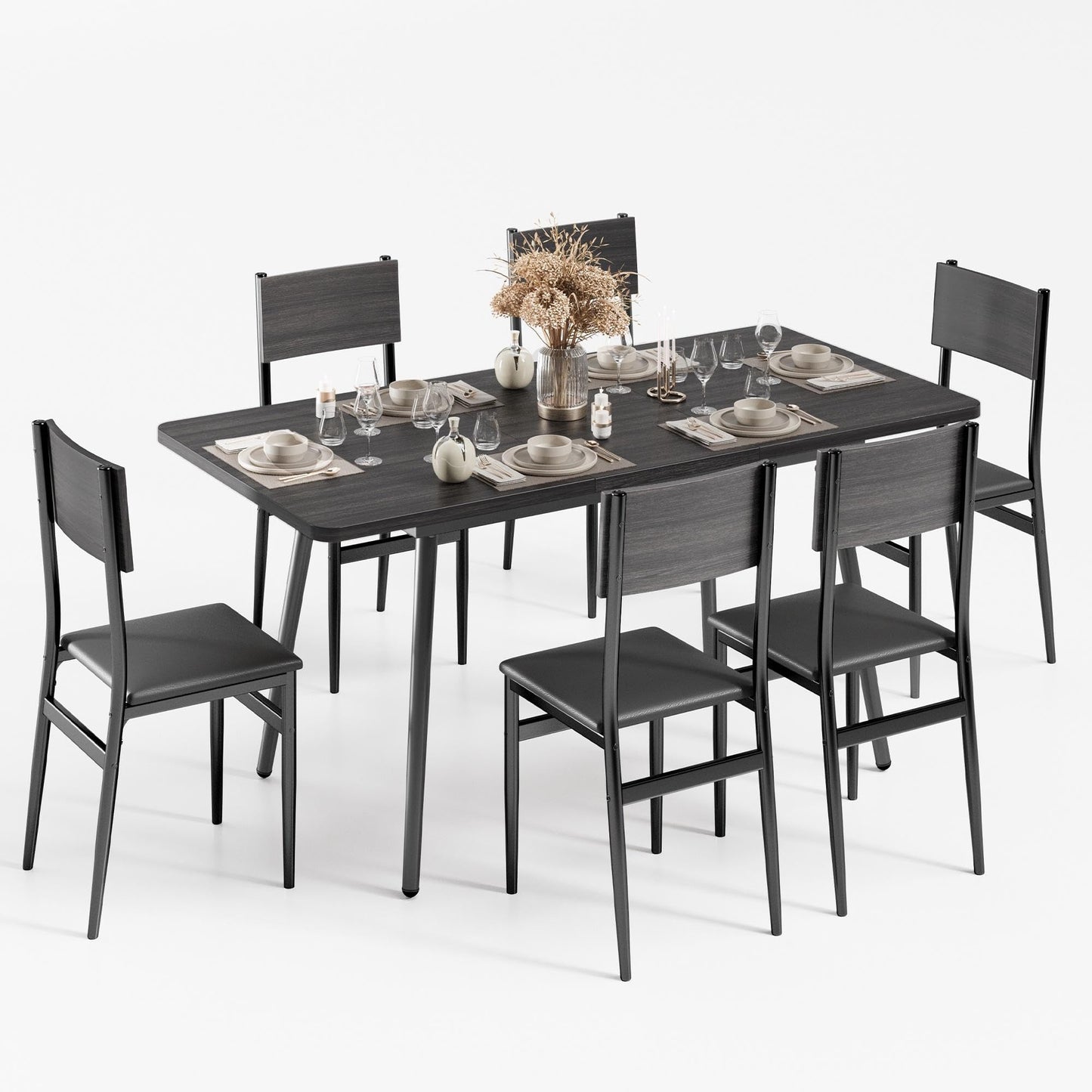 Ahomly 7-Piece Extendable Dining Table Set with 6 Padded Chairs, Dining Room Table Set for 4-6, MDF Board & Metal Frame Kitchen Table Set for Kitchen, Living Room, Apartment, Restaurant, Blac - WoodArtSupply