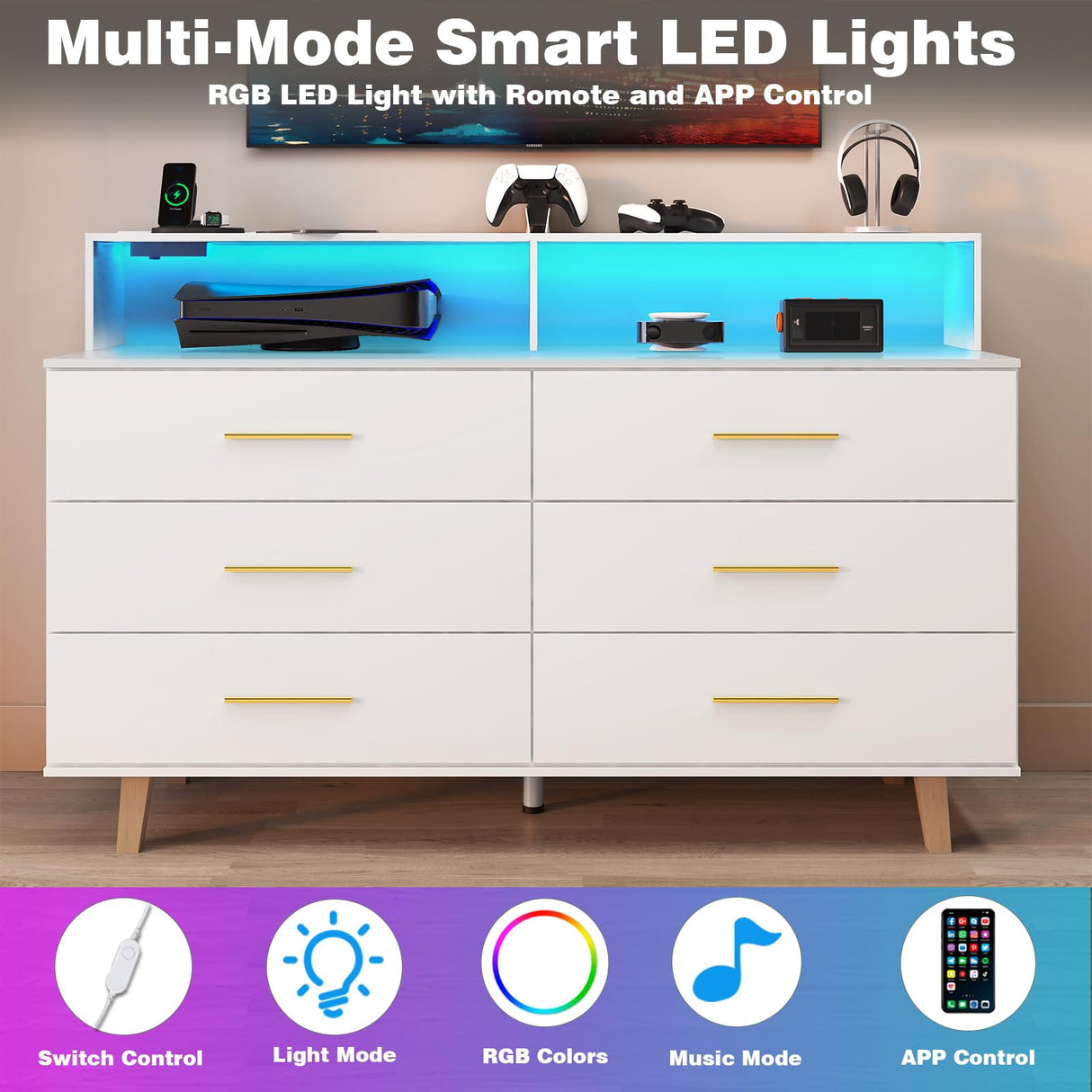 UNIQUITE 6 Drawers Dresser with LED Light and Power Outlet, Wood White Dressers for Bedroom & Chests of Drawers, Large Double Dressers for Bedroom, Living Room, Entryway, Hallway UNIQUITE