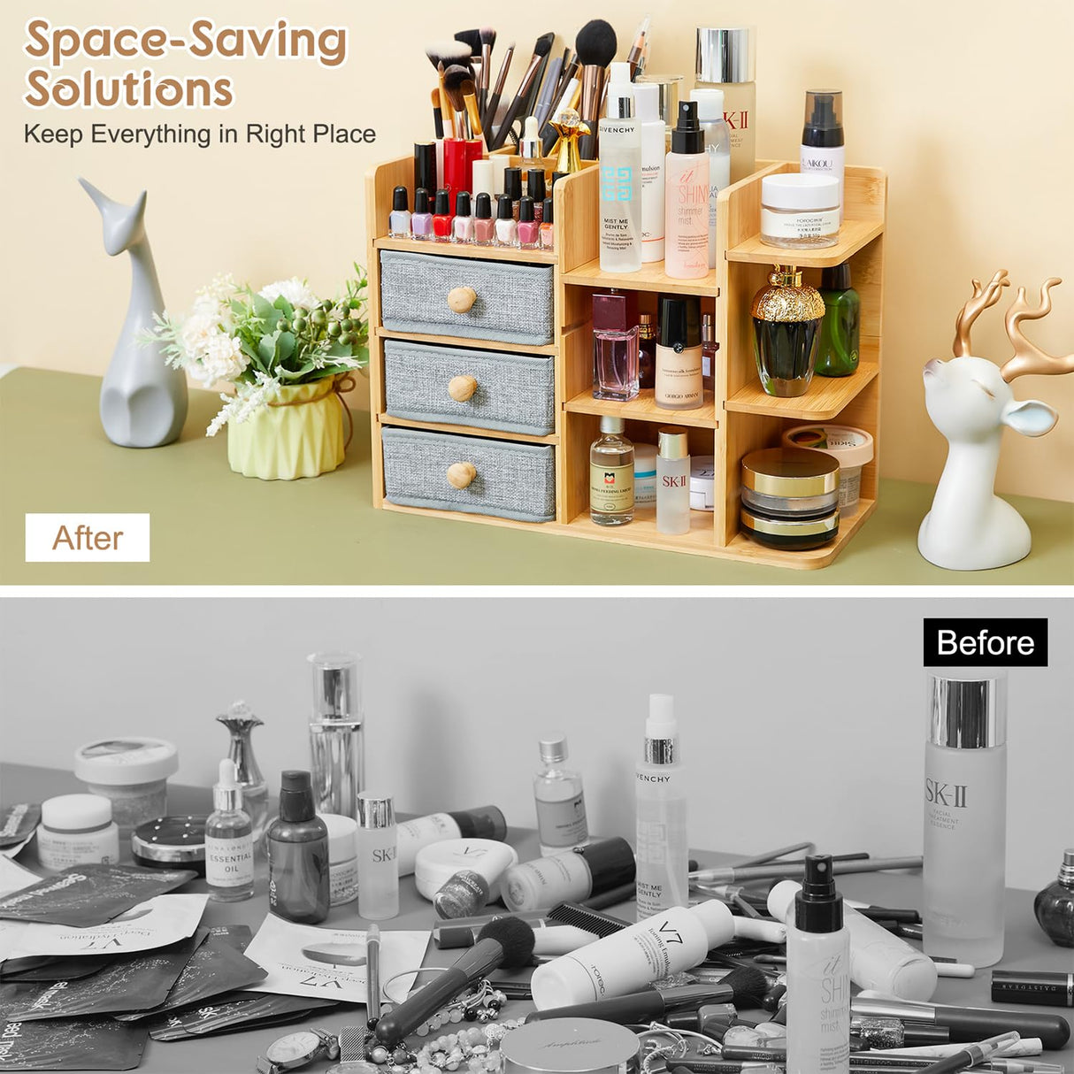 Makeup Organizer Countertop, Cosmetic Skincare Organizers With 3 Makeup Brush Holders/3 Drawers/7 Storage Shelves, Elegant Bamboo Make Up Storage Organizers Holder For Counter Vanity Dresser Bathroom X-cosrack