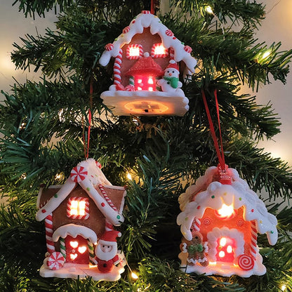 UAEYW 3Pcs Gingerbread House Ornaments for Christmas Tree Decorations Battery Operated Lighted LED Clay Hanging Candy House Ornament with Rope for Xmas Holiday Party New Year Home Decor