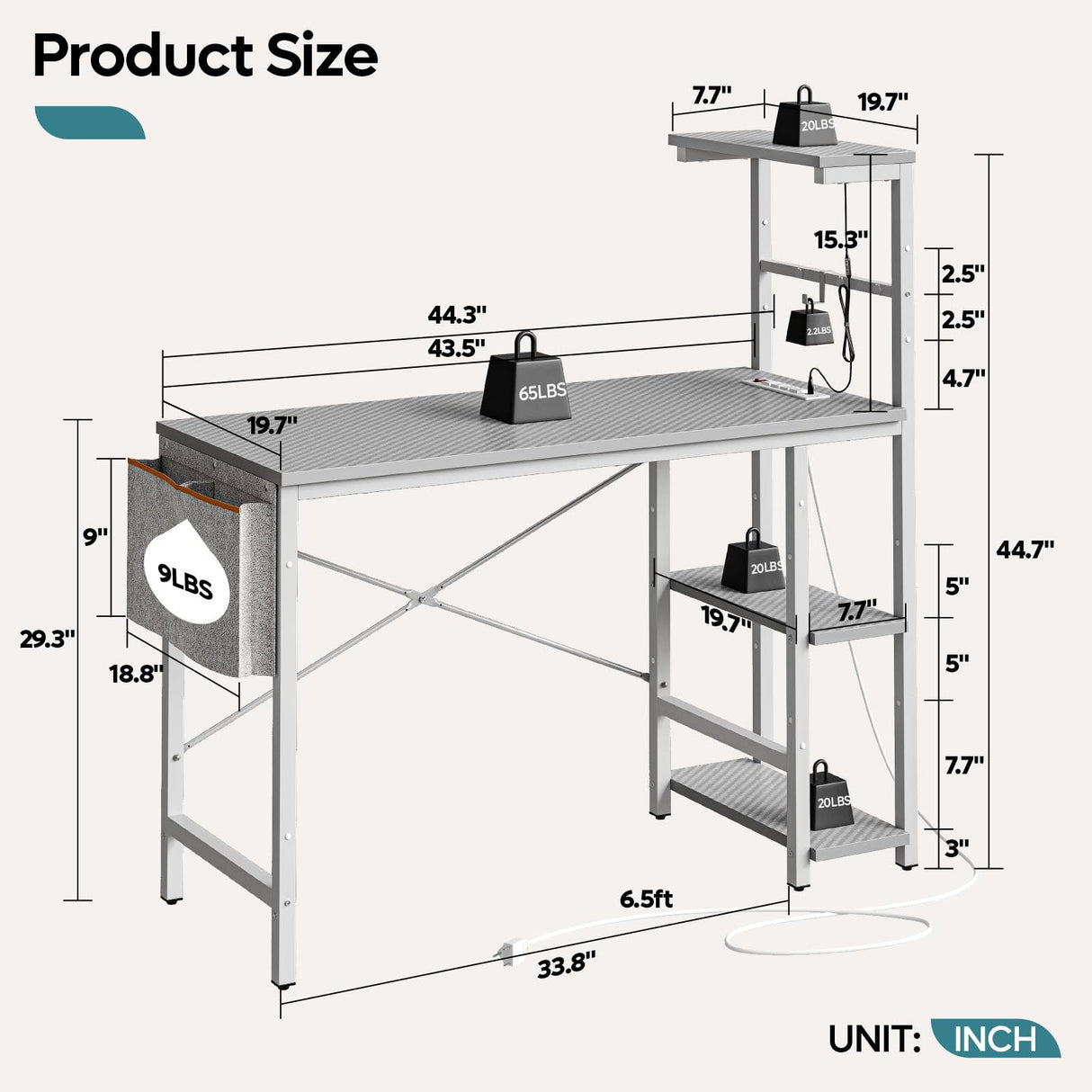 Bestier Gaming Desk with Power Outlets, 44 Inch Led Gamer Desk with 4 Tiers Reversible Shelves, PC Gaming Table with Headset Hook & Side Storage Bag for Bedroom (Grey 3D Carbon Fiber) Bestier