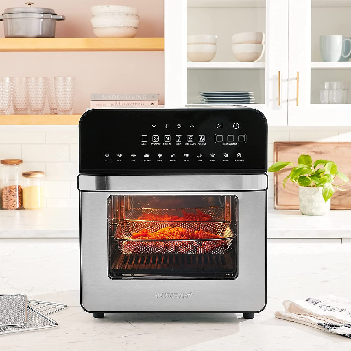 GoWISE USA 14.7-Quart Air Fryer Grill with Dual Heating Elements & Oven with Rotisserie, Dehydrator, Preheat and Broil Functions + 11 Accessories with 2 Recipe Books (Stainless Steel/Black), Ultimate GoWISE USA