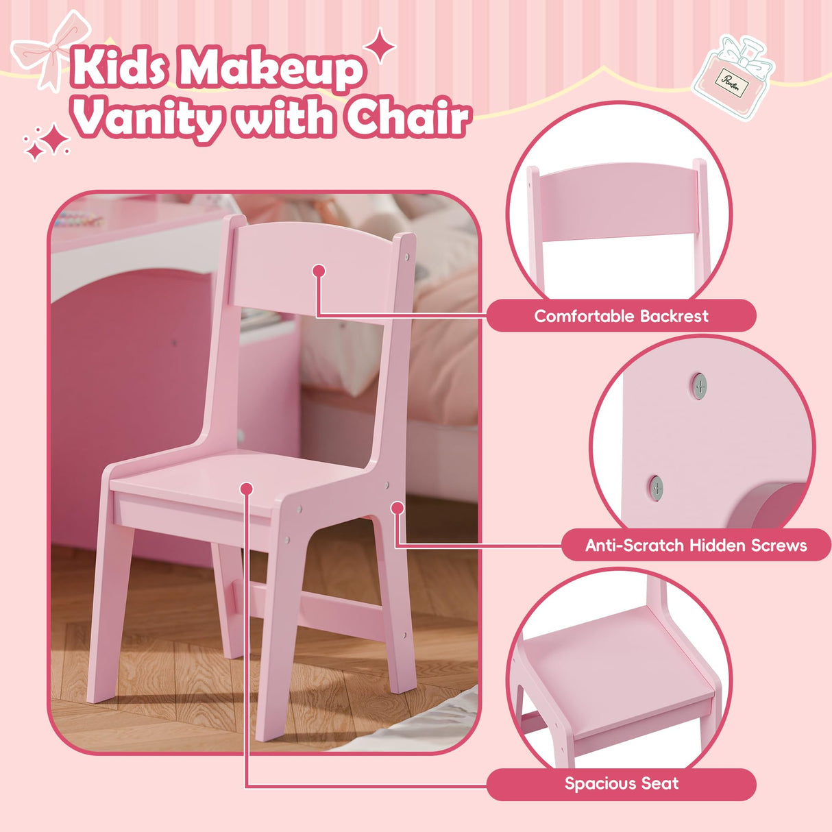 MU Kids Vanity with Lights, Princess Makeup Vanity Desk with Open Bookshelf, Storage Cabinet & Shelves, 2 in 1 Toddler Vanity Table & Chair Set with Lighted Mirror for Little Girls, Pink MU
