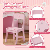 MU Kids Vanity with Lights, Princess Makeup Vanity Desk with Open Bookshelf, Storage Cabinet & Shelves, 2 in 1 Toddler Vanity Table & Chair Set with Lighted Mirror for Little Girls, Pink MU