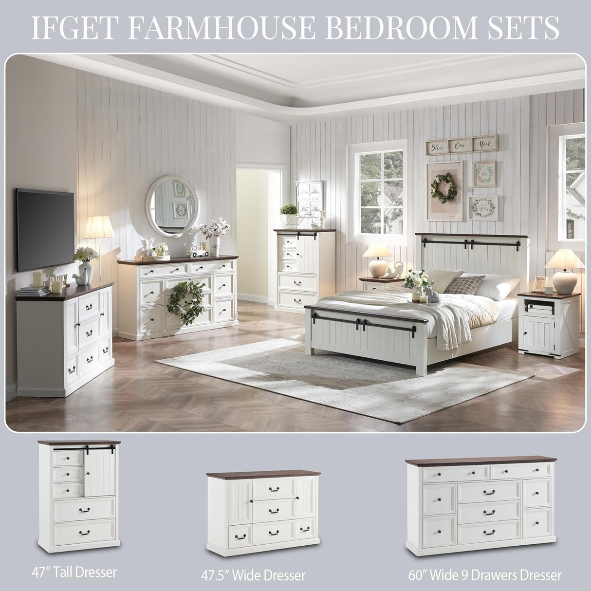 IFGET Farmhouse 9 Drawers Dresser for Bedroom, 60" Wide Wood Rustic Chest of Drawers, Large Storage Dressers Organizer for Bedroom, Living Room, Hallway, Dining Room-White IFGET