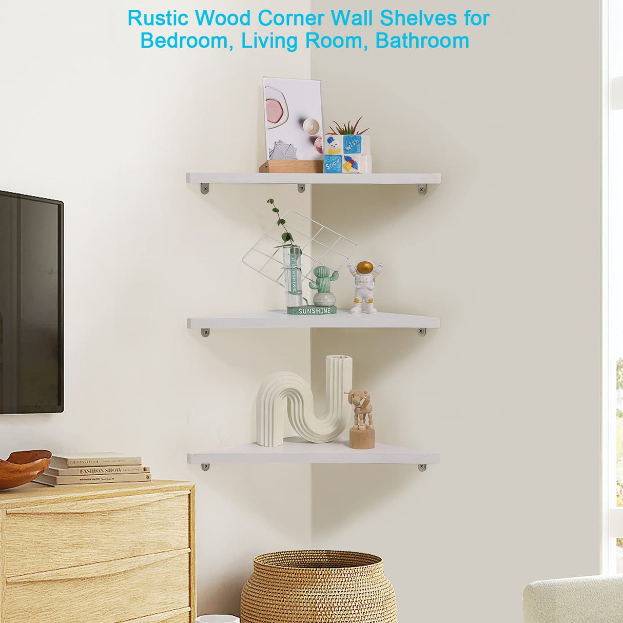 Joiishom Corner Wall Shelf Set of 3, Floating Corner Shelves for Wall, Rustic Wood Wall Storage Display Shelves for Living Room Bedroom Bathroom Kitchen (White) Joiishom