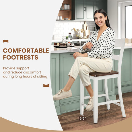 Giantex 24.5" Wooden Bar Stools Set of 2 - Farmhouse Style Rubber Wood Dining Chairs with Backrest & Footrest Giantex