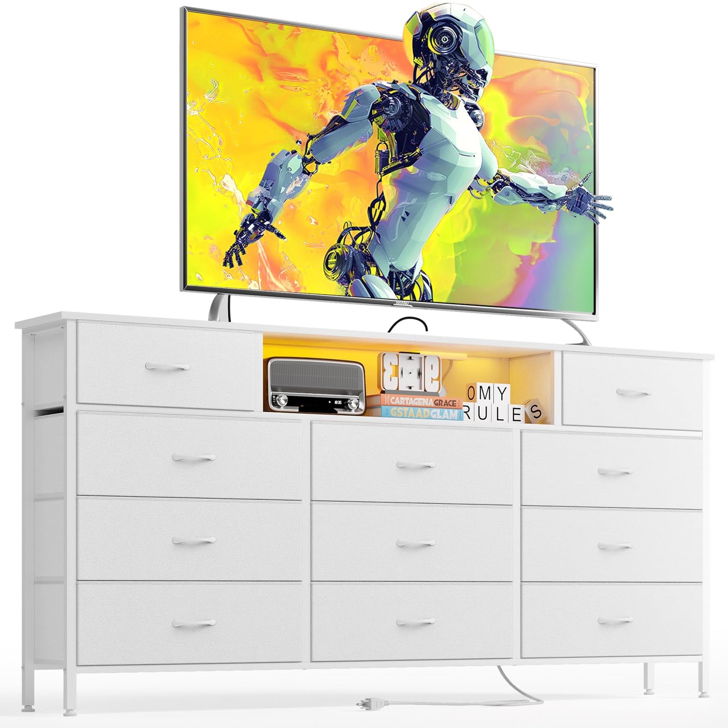 Fixwal Long Dresser for Bedroom with Charging Station and LED Lights, White Dresser TV Stand with 11 Drawers, Fabric Chest of Drawers with PU Finish for Bedroom, Living Room, Entryway