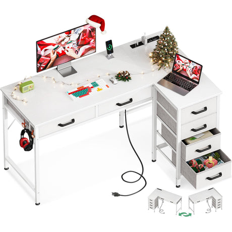Coleshome 42 Inch L Shaped Desk with Drawers, Computer Desk with Power Outlets, Home Office Desk with 6 Drawers, Reversible Corner Desk for Small Space, Study Work Table with Hook, White Coleshome
