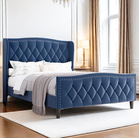 MWrouqfur (New) Velvet Queen Bed Frame with Wingback Headboard,Modern Upholstered Platform Bed Frame Queen Size,Tufted Button Decor,Noise Free,No Box Spring Needed (Blue, Queen) MWrouqfur