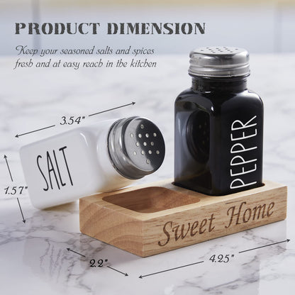 Salt and Pepper Shakers Set with Holder - Dopeca Glass Salt Shaker with Wood Caddy for Kitchen Counter or Table - Black and White Kitchen Decor and Wedding Gifts -2.7 oz - WoodArtSupply