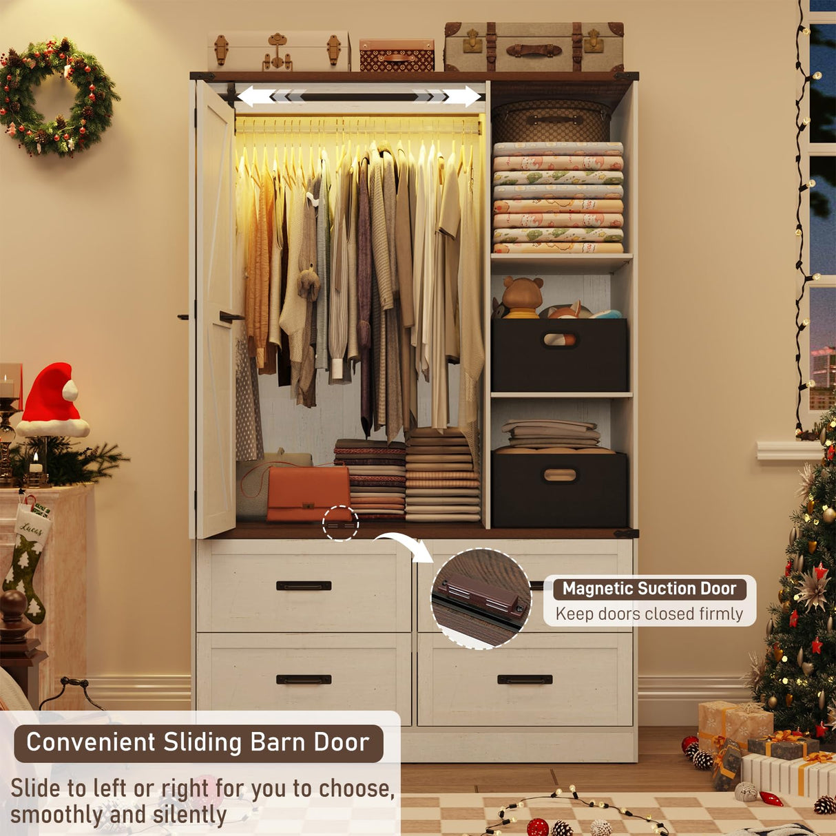 Farmhouse 3 Doors Armoire Wardrobe Closet w/Folding Sliding Barn Door and Lights, LED Armoire Closet w/Drawers for Bedroom, Freestanding Wooden Wardrobe Storage Closets w/Hanging Rod,Antique White jiteentarou