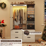 Farmhouse 3 Doors Armoire Wardrobe Closet w/Folding Sliding Barn Door and Lights, LED Armoire Closet w/Drawers for Bedroom, Freestanding Wooden Wardrobe Storage Closets w/Hanging Rod,Antique White jiteentarou