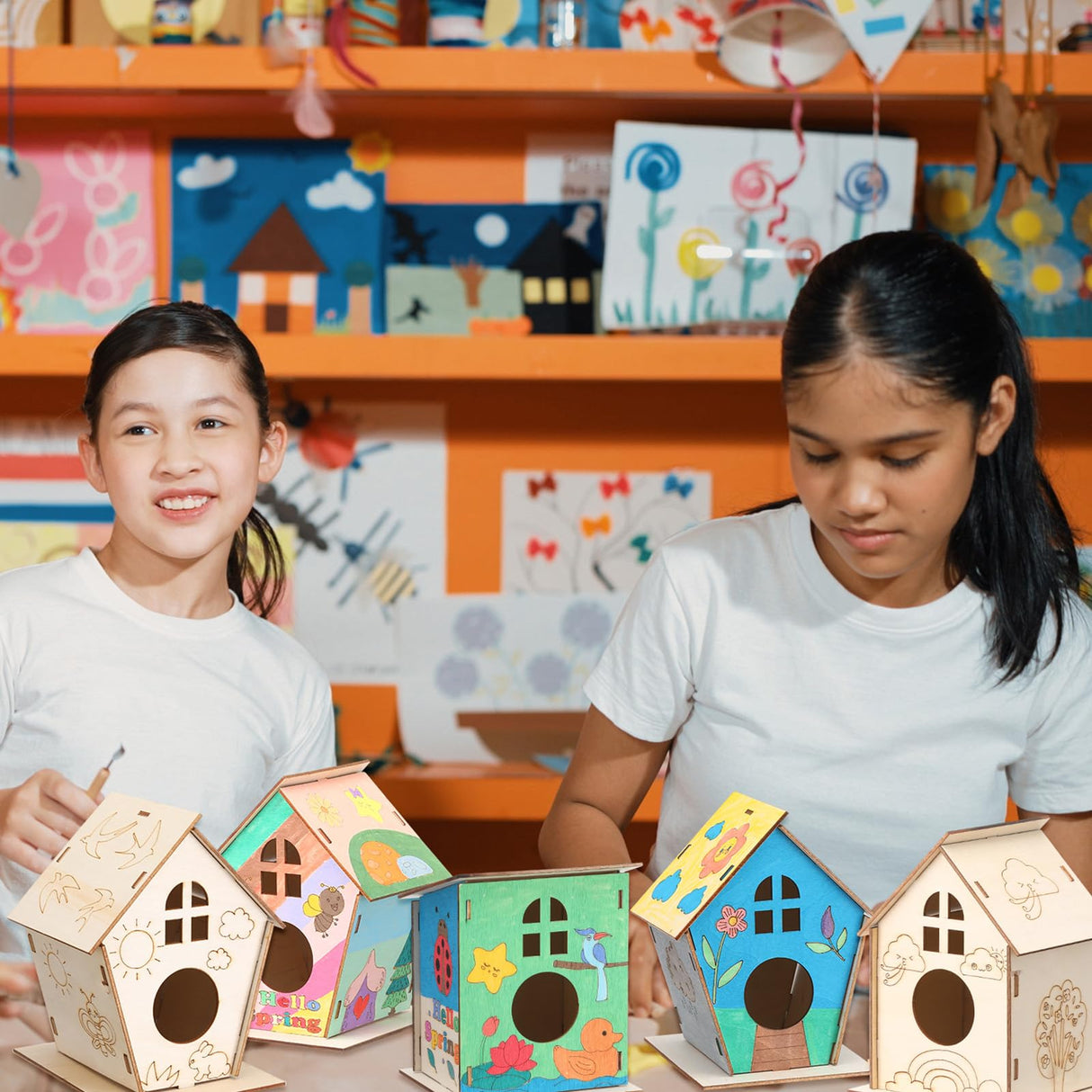 Qunclay 18pcs DIY Birdhouse Kit to Build and Paint Unfinished Wooden Bird House Wood Arts Craft with Colorful Painting Pens DIY Craft Project Kits for Spring Summer Party Favors Qunclay