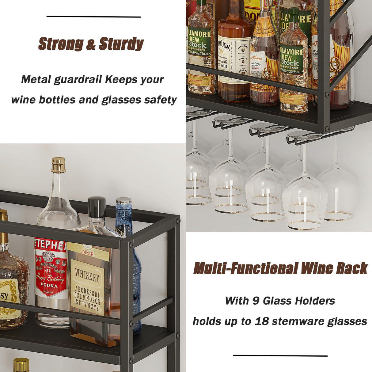 Woskar Wall Mounted Wine Rack 2 Tier, Metal Bar Liquor Shelves and Glass Holder,Wall Bar Shelf Wine Display Storage Holder for Home Bar, Dining Room, Kitchen(31.4×7.8×26in) Woskar