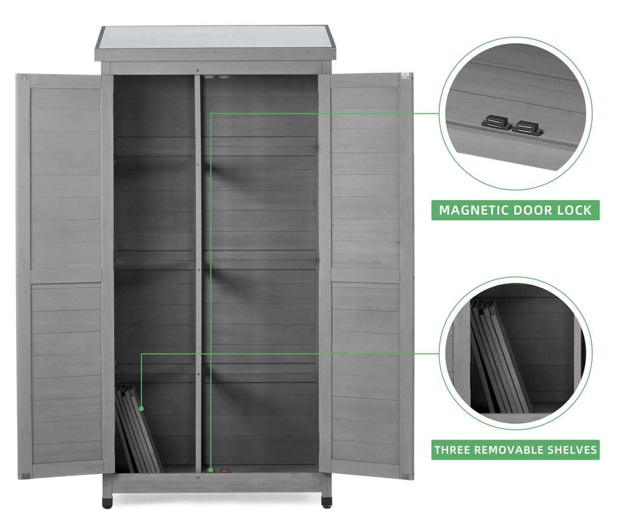 68''x33''x20'' Outdoor Wooden Storage Shed with Metal Top Tall Vertical Tool Cabinet for Backyard Garden Patio Lawn (Grey) Mederlo