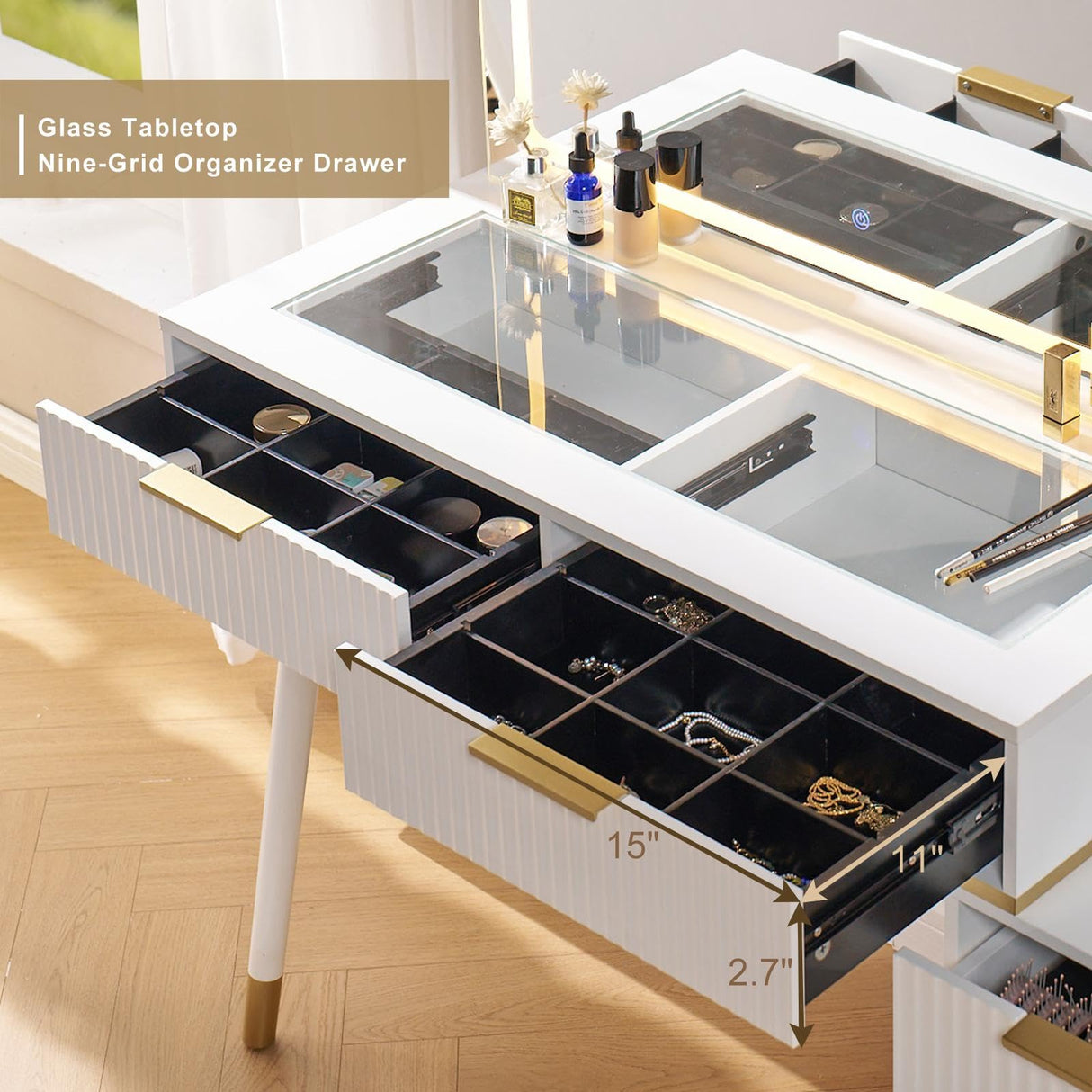 LUXOAK 54" Tall Vanity Desk with 35" W x 24" H Large Mirror and Lights, Large Makeup Vanity Table with 5 Drawers, 3 Shelves and Charging Station, Glass Top Desk for Dressing Room, Bedroom, White LUXOAK