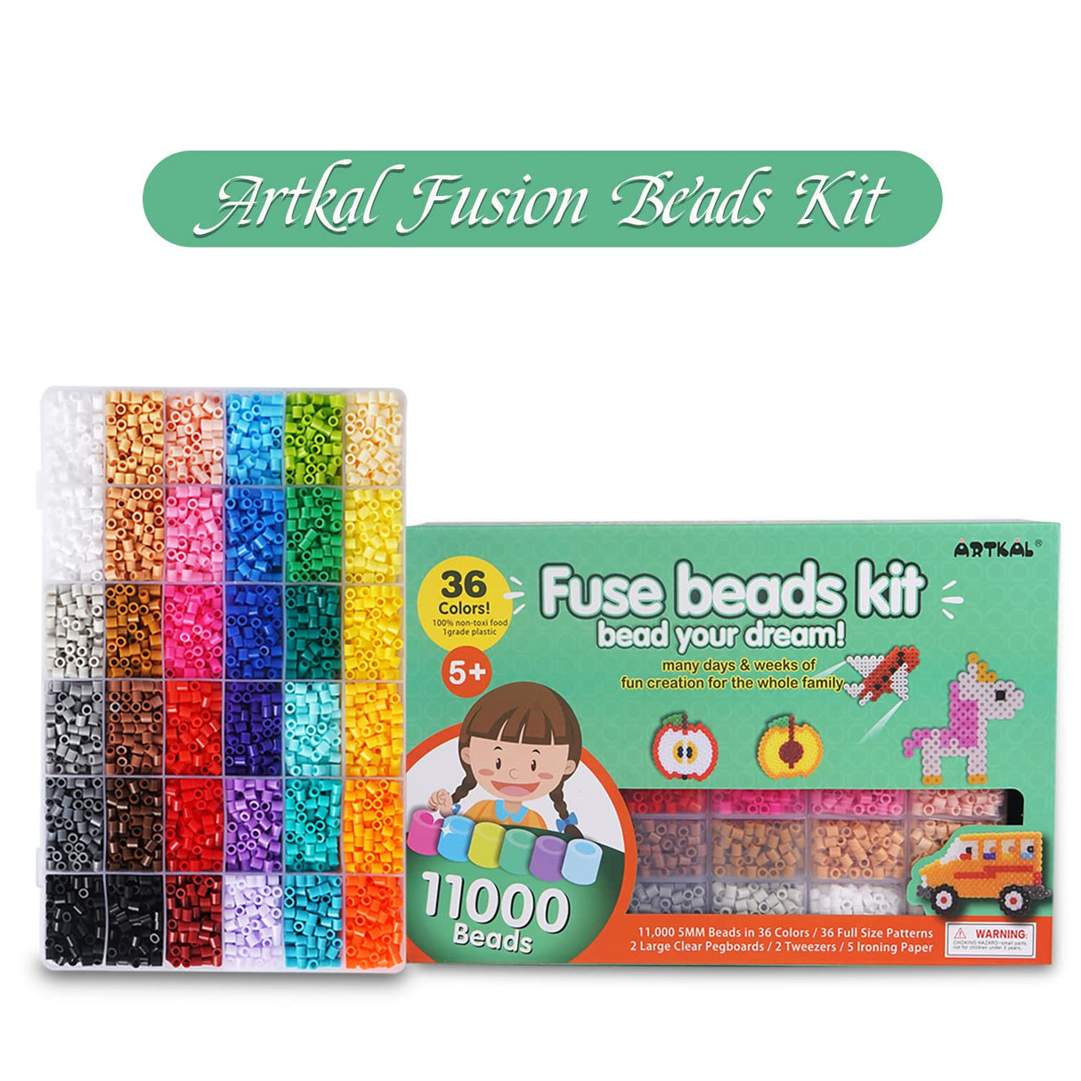 Artkal Fuse Beads Kit 11,000pcs 36 Colors Melting Beads Kit for Kids, with 5 Pegboards 2 Tweezers 48 Patterns, Fusible Beads Kit Compatible Perler Beads Hama Beads for Christmas Birthday Gift ARTKAL