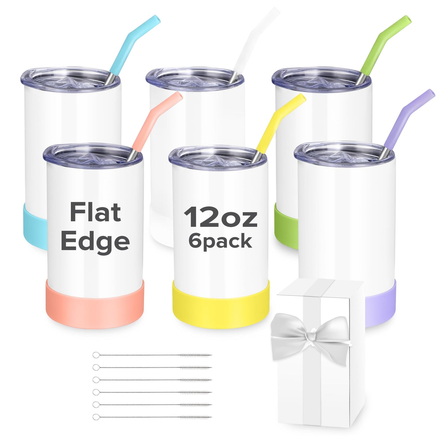 FASTSUB Sublimation Tumbler 12 oz Blanks Bulk Cups Stainless Steel Double Wall Vacuum Insulated with Lid and Straw Nozzle Silicone Cover Gifts for Heat Press Transfer White 6 Pack