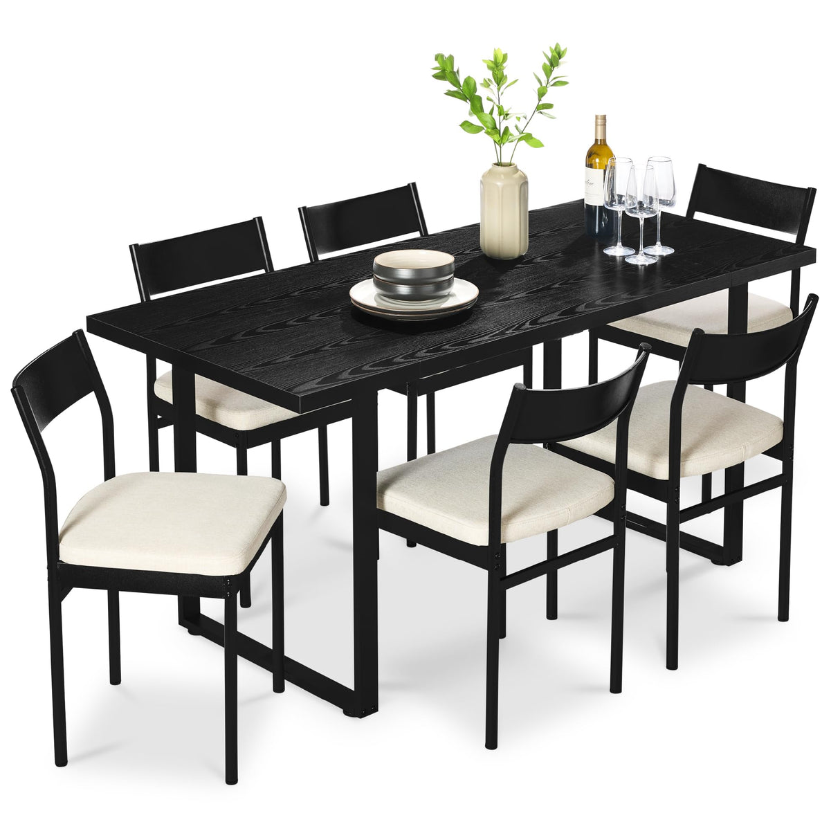 Best Choice Products 7-Piece Modern Dining Room Set, Kitchen Table Set, Dining Table w/ 6 Chairs, Upholstered Cushions, Solid Metal Frame, Curved Backrest - Black/Ivory Best Choice Products