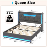 busyaeh Queen Bed Frame with Storage Headboard, Metal Bed Frame with LED Lights & Charging Station, Upholstered Queen Bed with Marshmallow Headboard, No Box Spring Needed, Easy Assembly，Dark Gray busyaeh