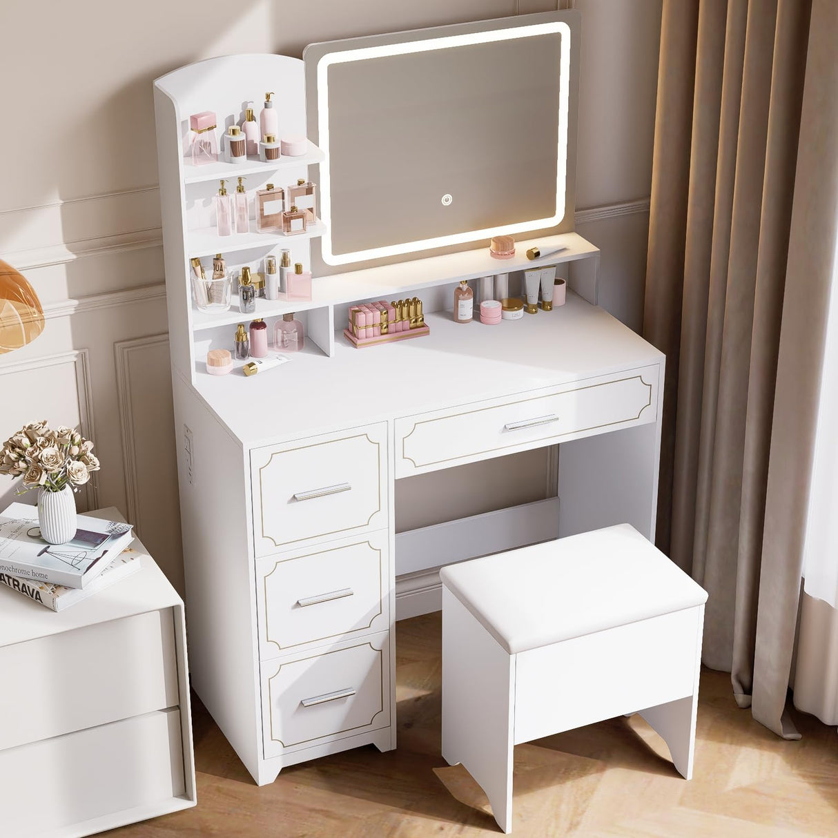 Hogxp Vanity Table with LED Mirror & Power Outlet - 5 Open Shelves, 4 Drawers - Includes Padded Stool - Ideal Bedroom Makeup Dressing Table （White） Hogxp