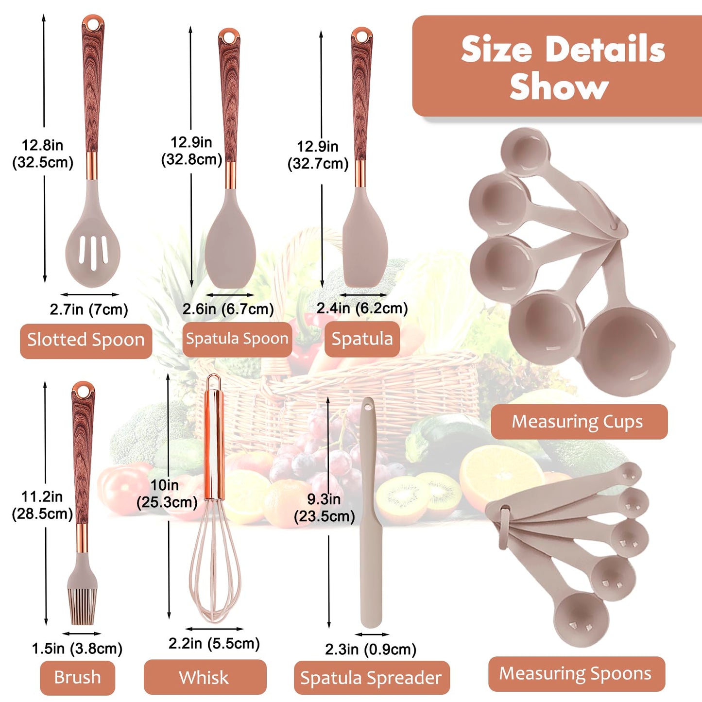 Silicone Kitchen Utensils Set with Holder- 24pcs Cooking Utensils Set, Wood Pattern Handle Silicone Utensils for Cooking with Food Safety Turner, Pasta Server, Skimmer, Ladle, Spoon, Tong, Whisk