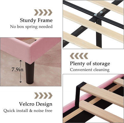 VECELO Full Size Upholstered Platform Bed Frame with Tufted Adjustable Headboard/Mattress Foundation/Wood Slat Support,Easy Assembly,Pink