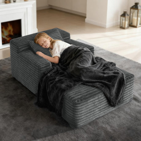 45'' Chaise Lounge Chair Indoor, Corduroy Upholstered Boneless Sofa Bed, Deep Seat Sleeper Couch Reading Chairs, Small Comfy Cloud Sofas Couches for Living Room, Bedroom, Movie Room (Dark Grey) Sonovafurn