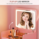 Lvifur 3 in 1 Small Vanity Desk with Plip Top Mirror,Makeup Vanity Set with Visible Glass Desktop,Compact Vanity with 3 Drawers,Storage Compartment and Padded Stool,Dressing Table for Bedroom,Pink Lvifur