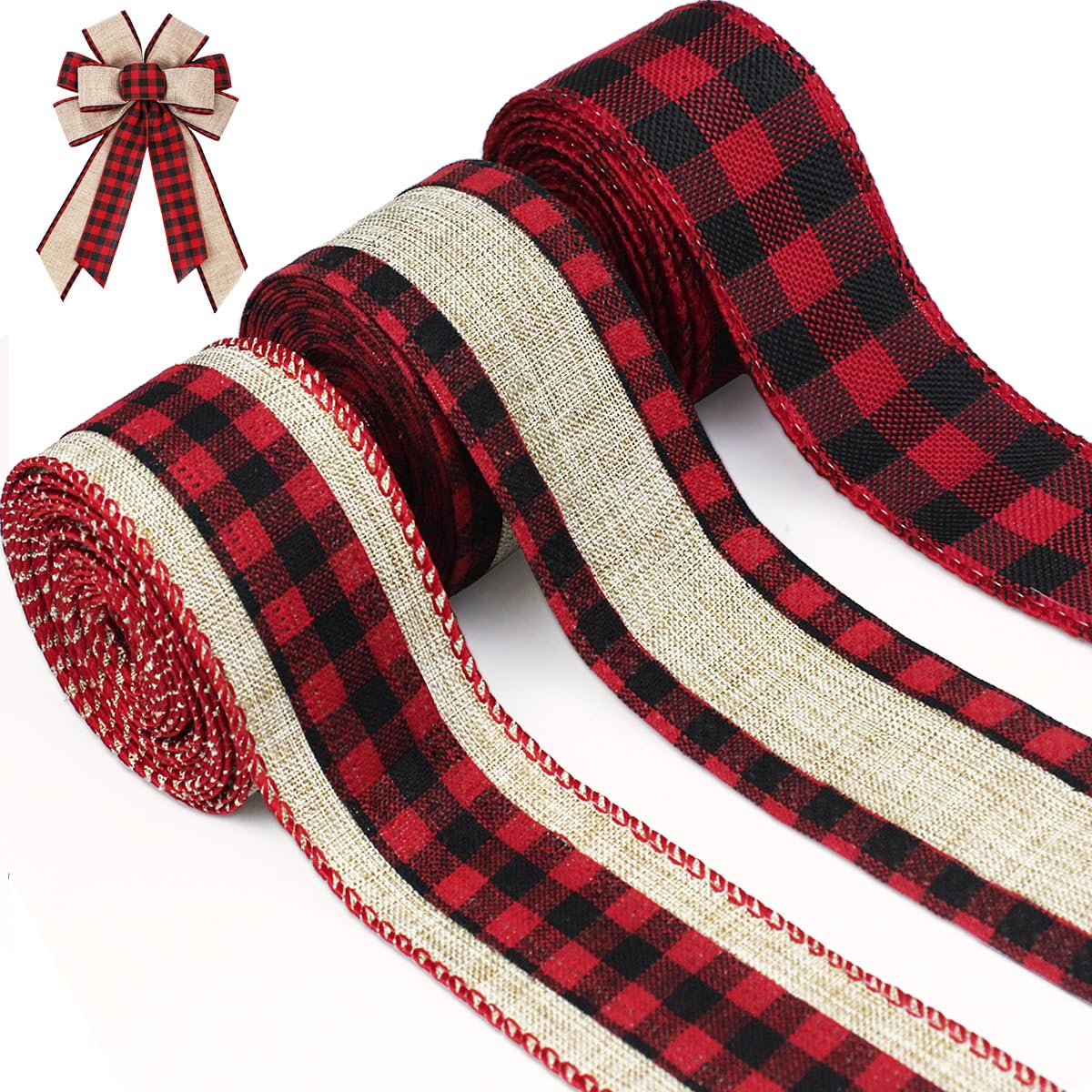 3 Rolls Buffalo Plaid Ribbon - Wired Edge, 9.9 Yards, 1.5 Inch Width (Black & Red) - Perfect for Christmas Tree Wrapping & Crafts BOYIVI