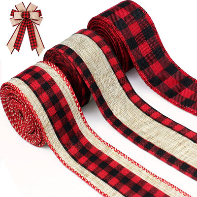 3 Rolls Buffalo Plaid Ribbon - Wired Edge, 9.9 Yards, 1.5 Inch Width (Black & Red) - Perfect for Christmas Tree Wrapping & Crafts