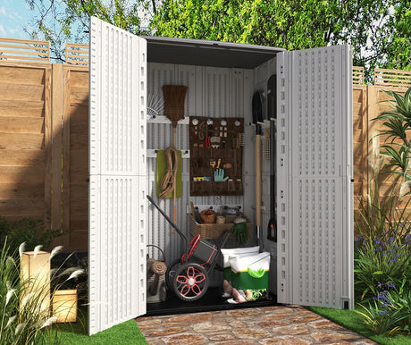 Outdoor Storage Shed,KINYING Outdoor Storage Cabinet Waterproof with Double Doors,52 Cu.ft Resin Vertical Tool Shed for Garden,Patio,Backyard,4×2.5×6.6 FT KINYING