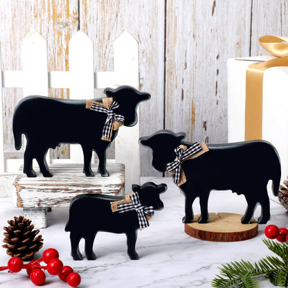 Bucherry 3 Pcs Farmhouse Cows Tiered Tray Decor Wooden Cow Tabletop Rustic Block Centerpiece Cow Table Sign Standing Ornament for Home Kitchen Holiday Party Decor(Popular Style) - WoodArtSupply