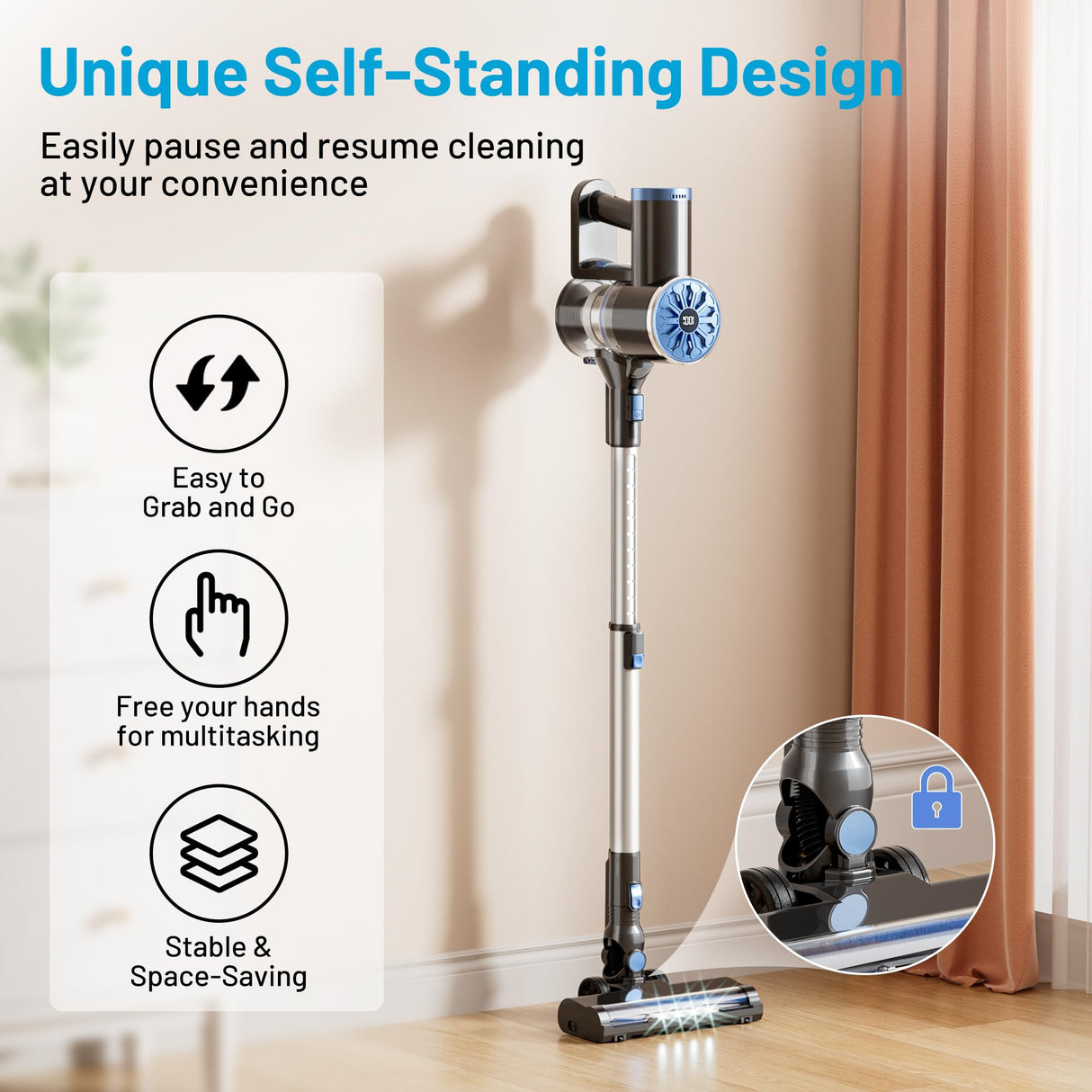 Cordless Vacuum Cleaner with Self-Standing, LED Screen Stick Vacuum Cleaners for Home, Lightweight Powerful Suction Vacuum, 6-in-1 Rechargeable Vacuum for Carpets, Pet Hair, Hardwood Floors VIPSUN
