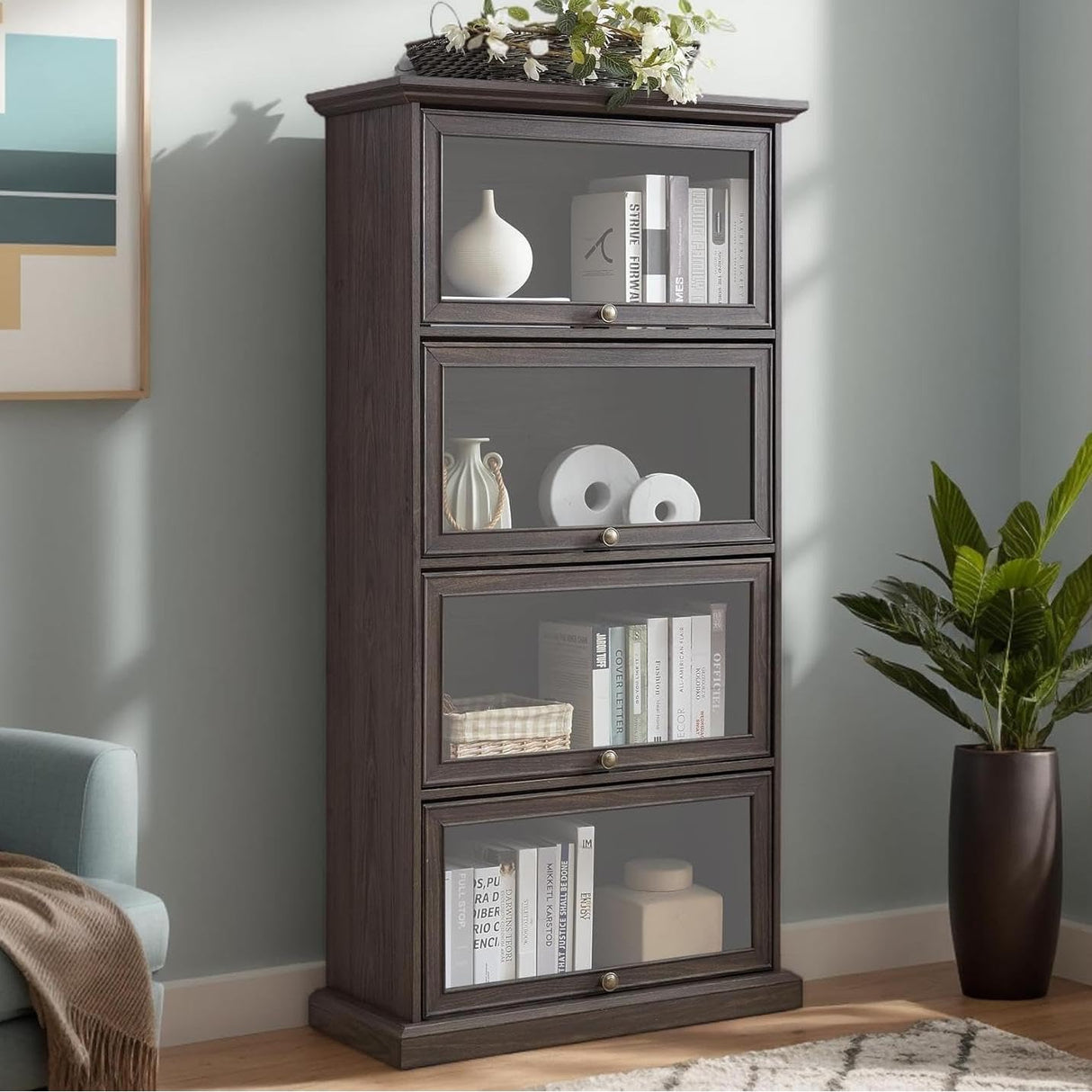 CKEASEAN Tall Bookcase with Glass Doors, 63" H Farmhouse Glass Curio Display Cabinet with Flip up Doors, Elegant Storage Cabinet with 4-Tier Shelves, Rack for Living Room (Brown) CKEASEAN