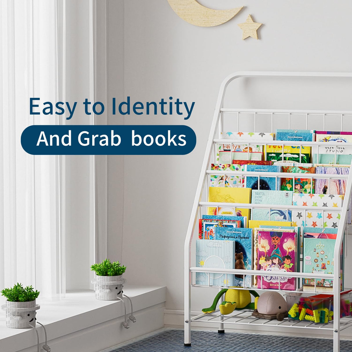 JAQ Kids Bookshelf, 4-Tier Metal Sling Kid Display Bookshelves Bookcase with Toy Storage in Baby Corner Library Room Classroom Playroom for Toddlers Nursery Children (4-tier/28.35inch, White) JAQ