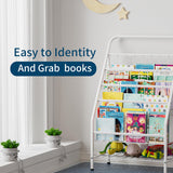 JAQ Kids Bookshelf, 4-Tier Metal Sling Kid Display Bookshelves Bookcase with Toy Storage in Baby Corner Library Room Classroom Playroom for Toddlers Nursery Children (4-tier/28.35inch, White) JAQ