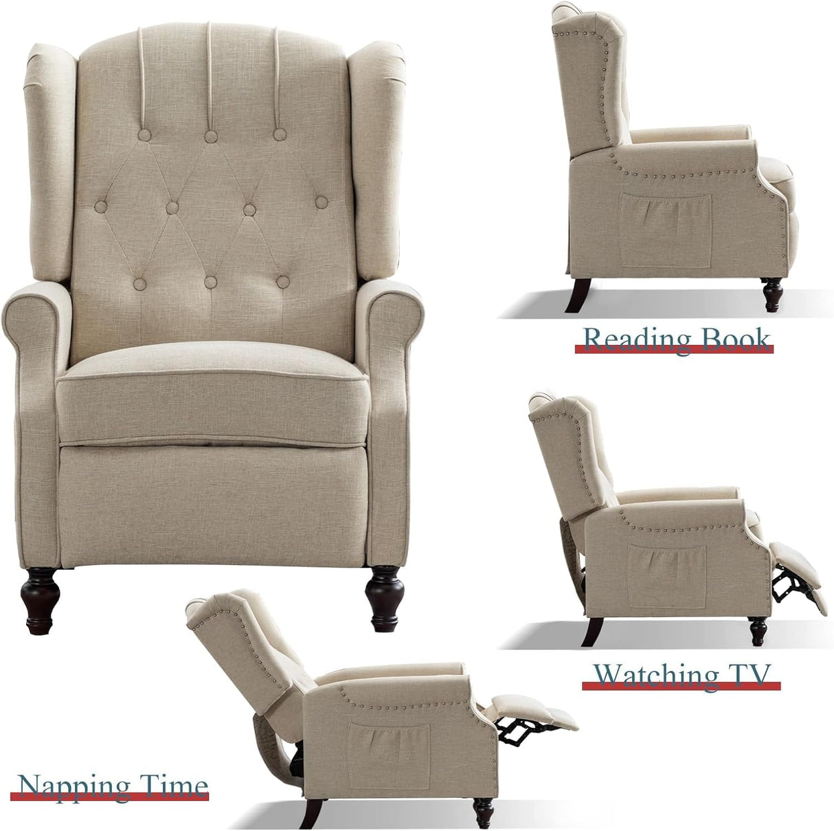 OQQOEE Wingback Recliner Chair Set of 2 with Massage and Heat, Push Back Accent Armchair with Adjustable Backrest, Nailhead Trim, Upholstered Fabric Chair for Living Room, Bedroom, Small Spaces(Beige) OQQOEE