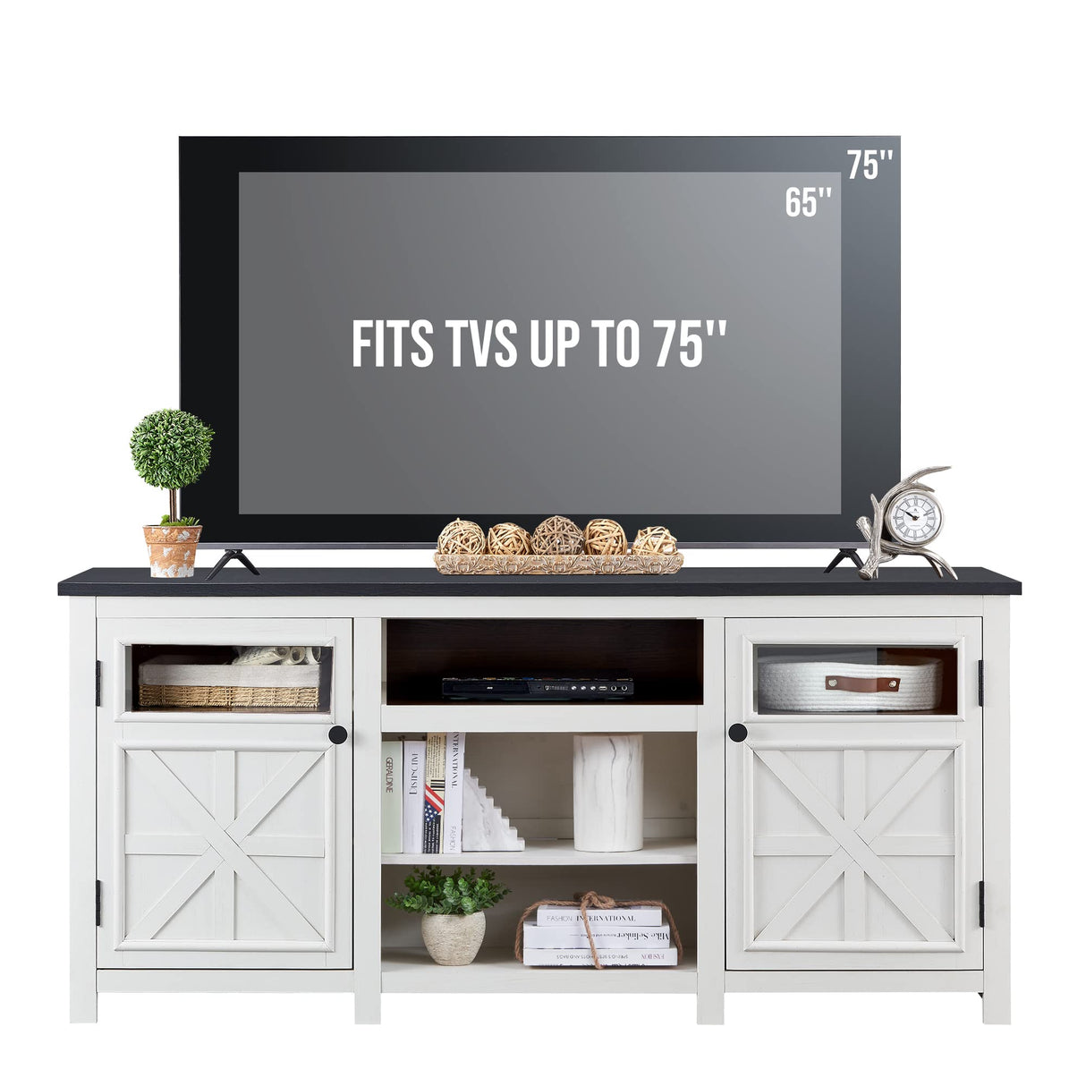 JXQTLINGMU Farmhouse TV Stand for 75 Inch TV, Entertainment Center with Storage, Modern TV Cabinet with Barn Doors, 66" Rustic TV Console for Living Room, Adjustable Shelf - Off White JXQTLINGMU