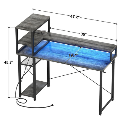 iSunirm 47" Gaming Desk with Storage, Computer Desk with LED Lights, Home Office Desk with Adjustable Shelves & Power Outlets, Gaming Computer Desk with Long Monitor Stand - WoodArtSupply