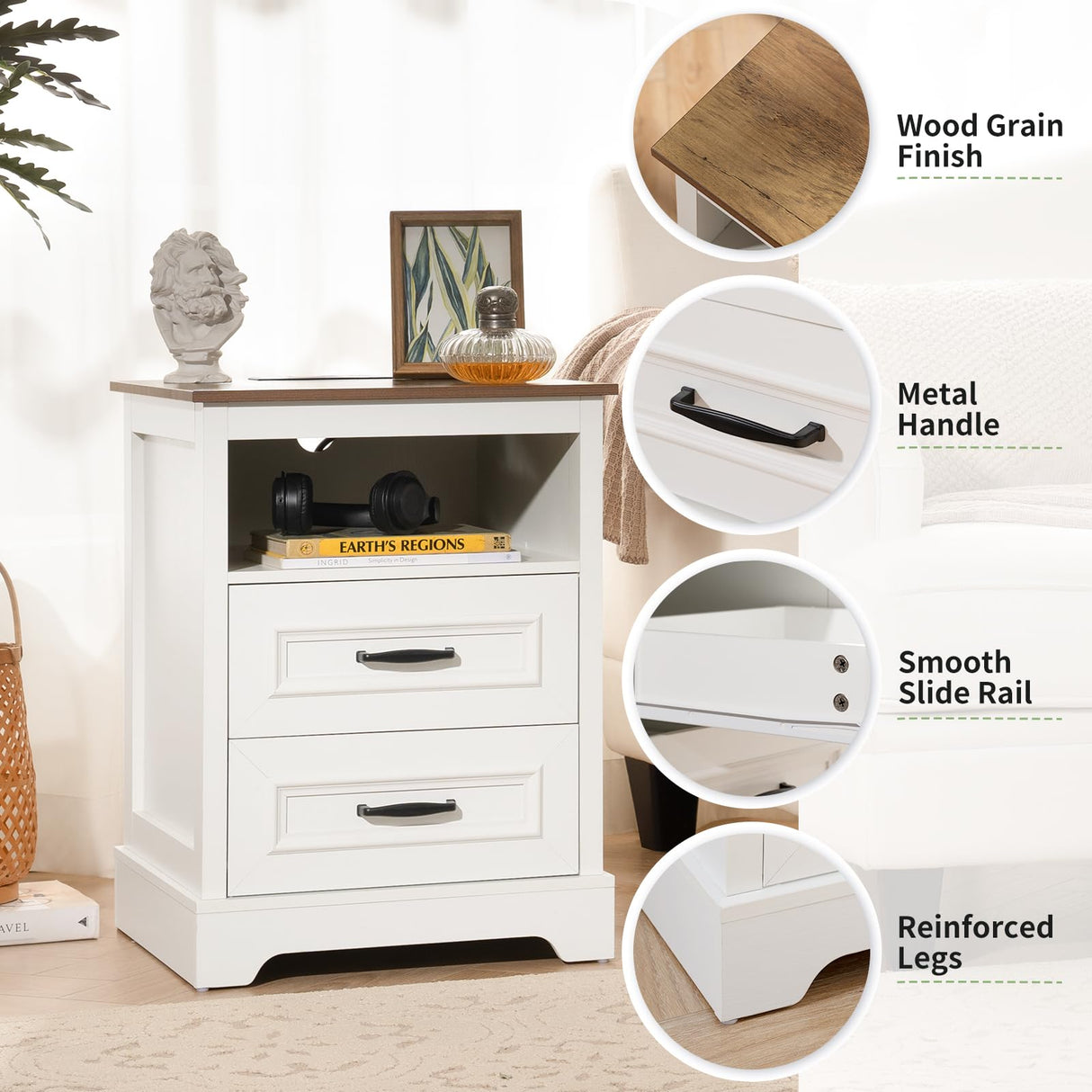 Curlaky Farmhouse Nightstand with Charging Station, Wood Night Stand with Drawers, Bedside Table, Nightstands with Open Storage Shelf, Rustic Night Stands for Bedroom, Closet, 18" Wide, 24" Tall Curlaky