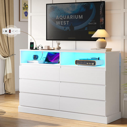 Hasuit White Dresser for Bedroom with LED Lights and Charging Station, 51.2" Long Dresser Chest of Drawers with Large Drawers and Open Space, Modern 6 Drawer Dresser for Bedroom, Living Room, - WoodArtSupply