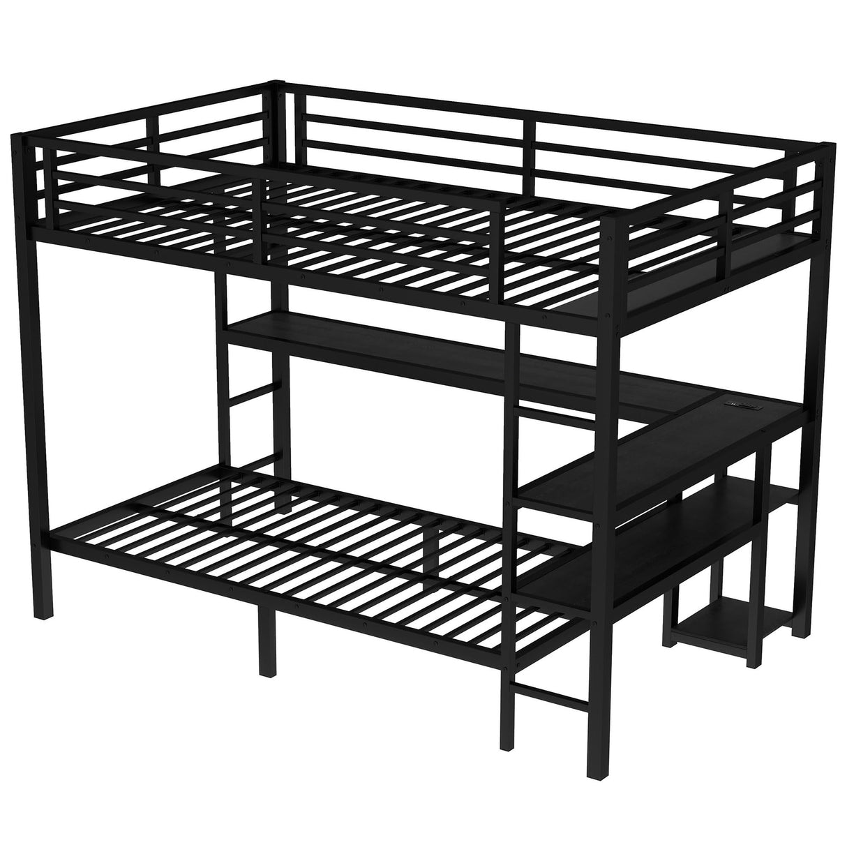 AEMSOFK Full Over Twin Bunk Bed with Desk and USB, Convertible Desk, Metal Full Size Over Twin Loft Bed with Led & Storage Shelves for Teen,Safety Guardrail & Ladder,No Box Spring Needed(Black) AEMSOFK