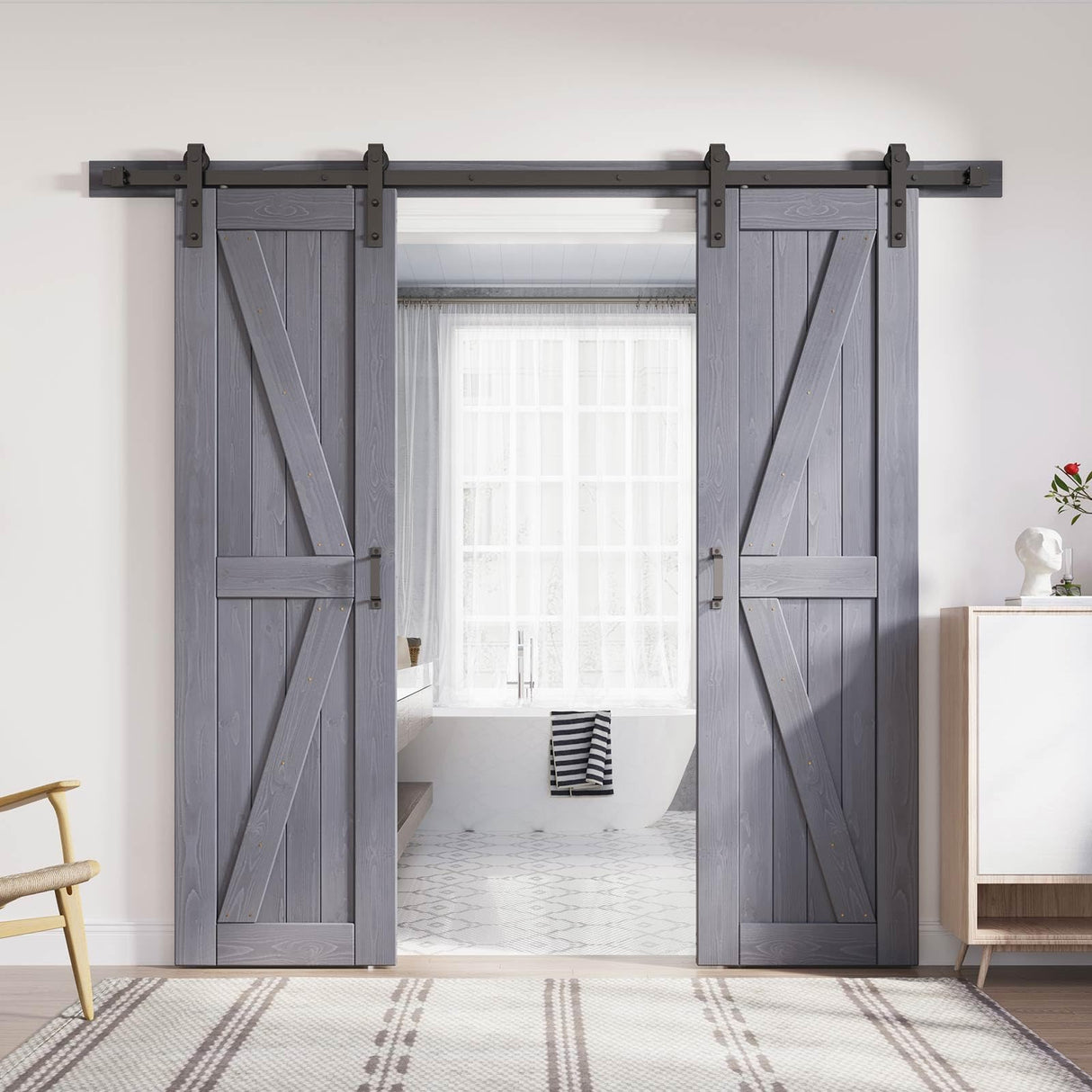 FREDBECK Gray Double 24x84 Inch Doors 48 Wood barn door with 8FT Barn Door Hardware Kit and Handle Included K Shape Spruce Double Surfaces,Simple Assembly is Required,K-Frame,Grey FREDBECK
