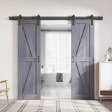 FREDBECK Gray Double 24x84 Inch Doors 48 Wood barn door with 8FT Barn Door Hardware Kit and Handle Included K Shape Spruce Double Surfaces,Simple Assembly is Required,K-Frame,Grey FREDBECK