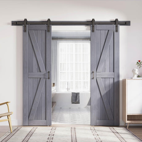 FREDBECK Gray Double 24x84 Inch Doors 48 Wood barn door with 8FT Barn Door Hardware Kit and Handle Included K Shape Spruce Double Surfaces,Simple Assembly is Required,K-Frame,Grey FREDBECK