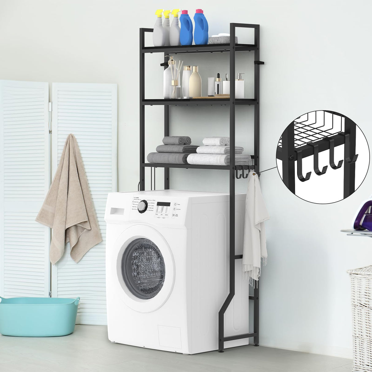 NOVIMANGO Over The Toilet Storage 3 Tier Over Toilet Bathroom Organizer Wooden Bathroom Space Saver Freestanding Above Toilet Stand with 4 Hooks Black Over The Toilet Rack for Restroom, Laundry NOVIMANGO