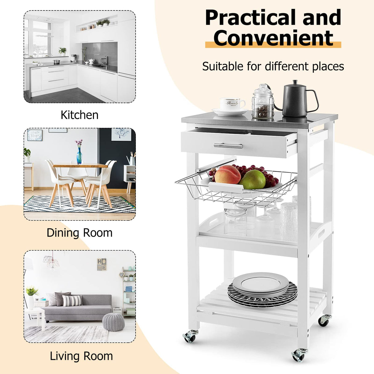 GOFLAME Kitchen Island Cart with Drawer, Rolling Kitchen Cart on Wheels with Stainless Steel Countertop, Metal Basket, Serving Tray, Lockable Casters, Utility Trolley Cart for Dining Room, White GOFLAME