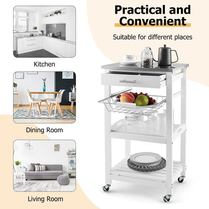 GOFLAME Kitchen Island Cart with Drawer, Rolling Kitchen Cart on Wheels with Stainless Steel Countertop, Metal Basket, Serving Tray, Lockable Casters, Utility Trolley Cart for Dining Room, White